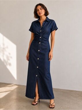 ZARA Dark Wash Denim Ruched Maxi Dress Size L